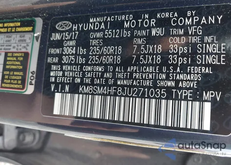 2018 Hyundai Santa Fe Se from USA, damaged, VIN KM8SM4HF8JU271035